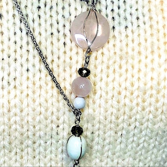 Sterling Silver Rose Quartz Precious Stone Asymmetrical Necklace/ Earrings Set. - Picture 8 of 9